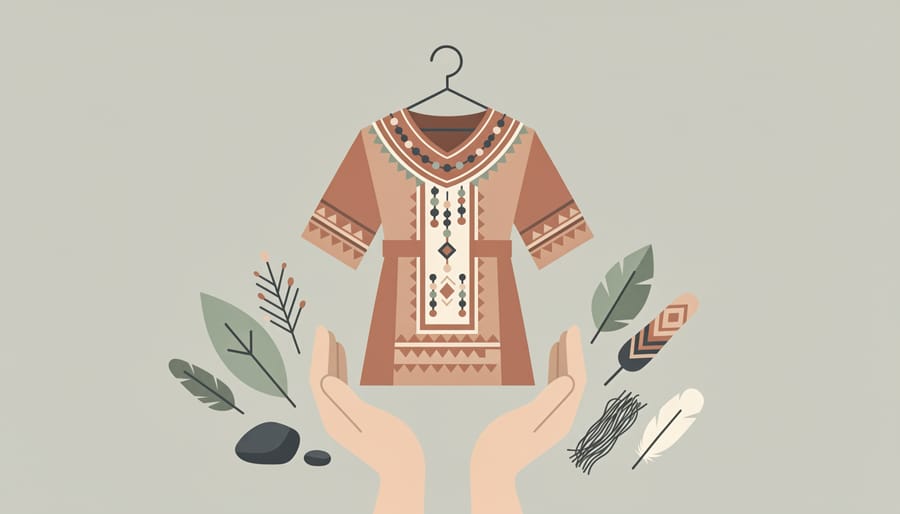 Close-up of hands smoothing a patterned garment with natural craft materials on a cedar table in soft daylight.