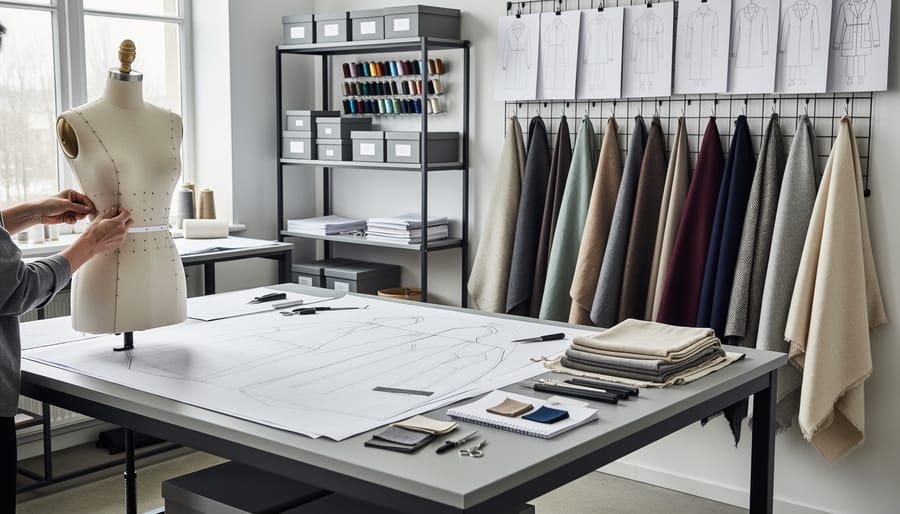 Tailor’s workshop with a dress form showing pinned seams and fabric swatches arranged neatly.