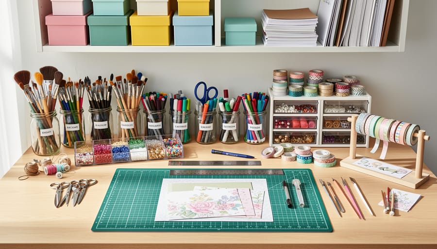 Neatly organized craft supplies in clear bins and trays on a craft room table