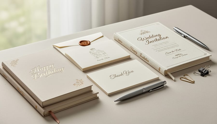 Handmade cards, envelopes with wax seal, and a stitched journal on a paper crafting table.