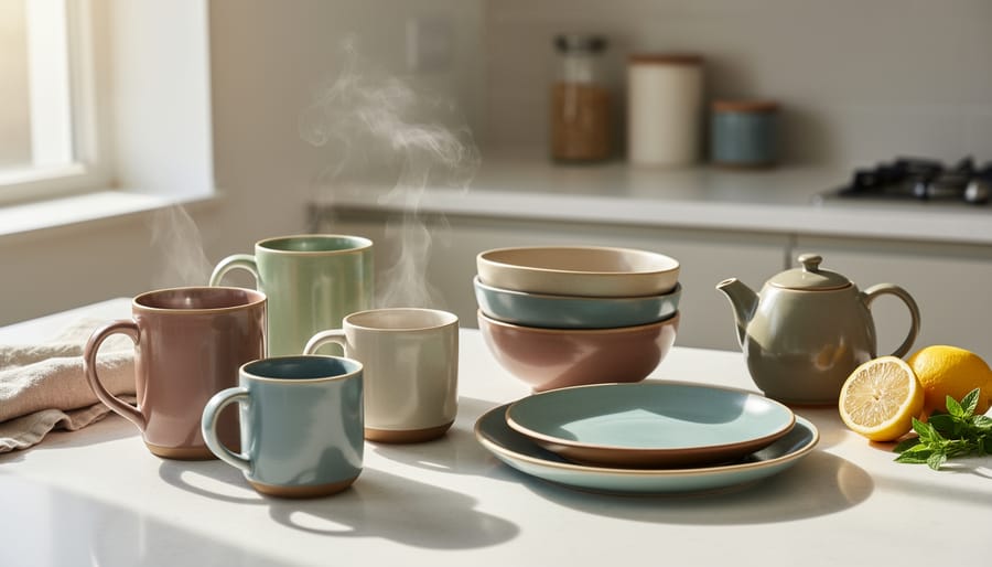 Ceramic mugs and bowls drying on a rack in a pottery studio with soft window light.