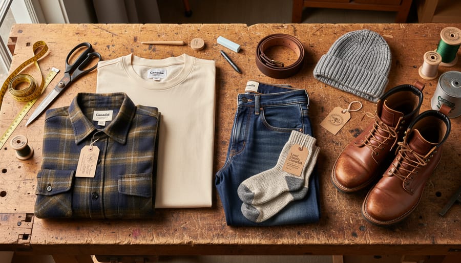 Folded everyday T-shirts and a flannel shirt laid on a wooden workbench with sewing tools nearby.