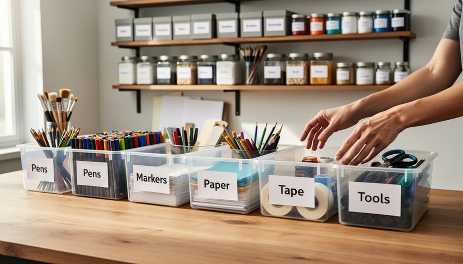 Person reaching into an open organized craft storage drawer to grab supplies