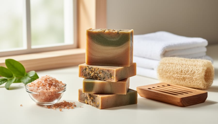Close-up of handmade soap bars on a wooden tray with sea salt and citrus fruit.
