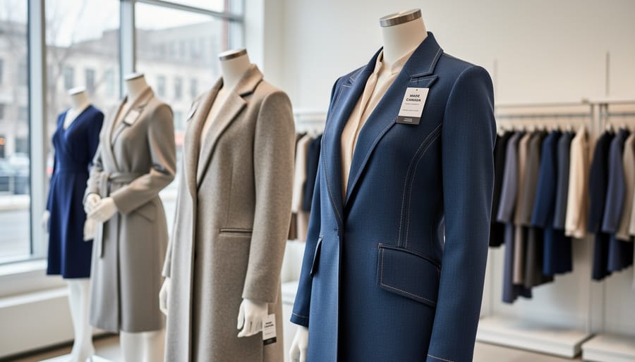 Mannequin wearing a tailored women’s blouse and skirt in a bright studio with garment racks blurred behind.