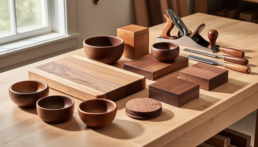 Handmade wooden cutting board and shelves displayed on a workshop bench with woodworking tools nearby.
